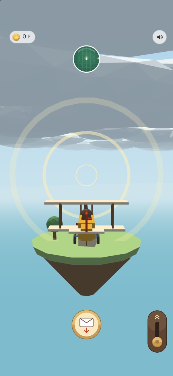A biplane flying toward a small floating island with rings of light above it