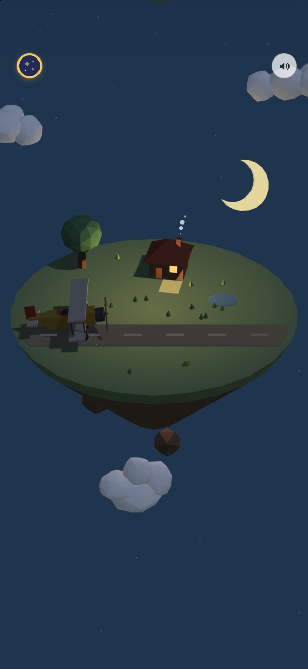 The home island at night with a crescent moon
